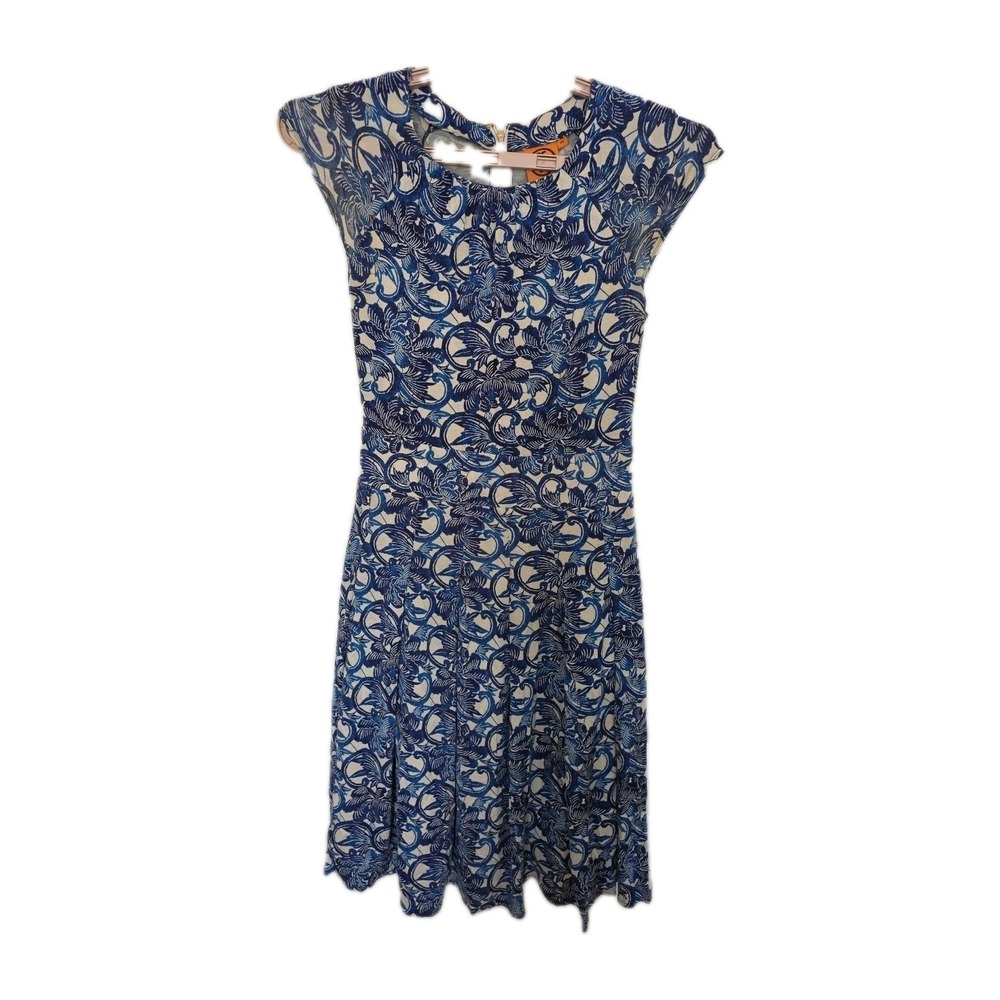 Tory Burch Silk‎ Blue White Floral Dress Cap Sleeve Sheath Lined Womens Size XS